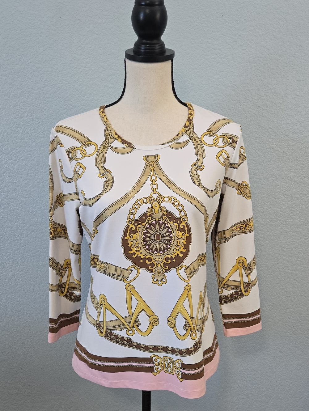 J. MCLAUGHLIN Signature Catalina Cloth 3/4 Sleeve Horse Bit Print Tee Sz Medium